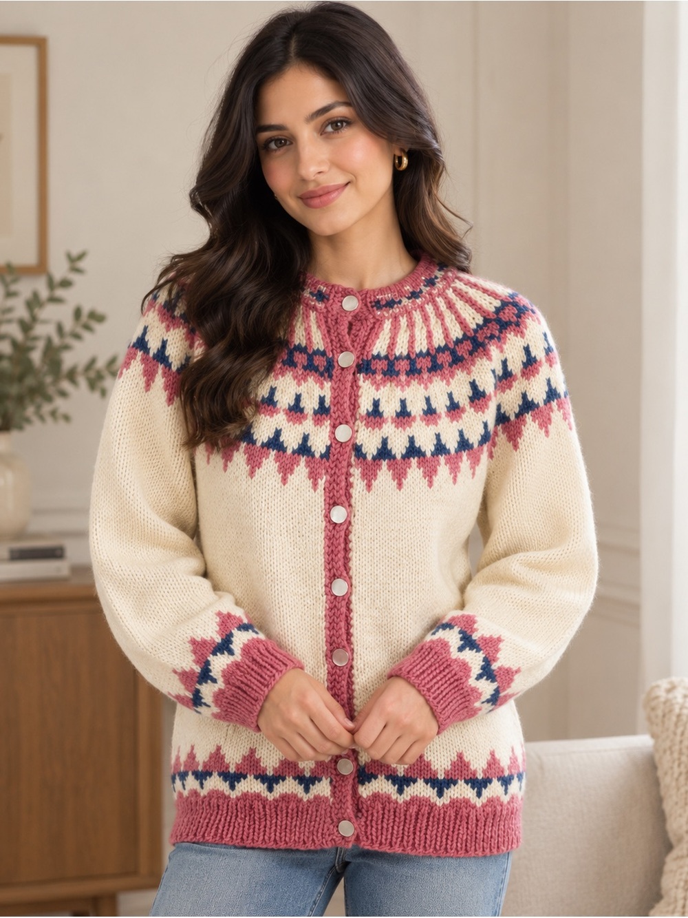 Vintage hand knittedCream Fair Isle Button-Front Sweater Cardigan with Pink Trim
